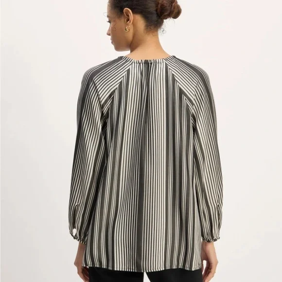 Everlane striped blouse shirt cream bone black button front tie tencel small - Picture 4 of 10